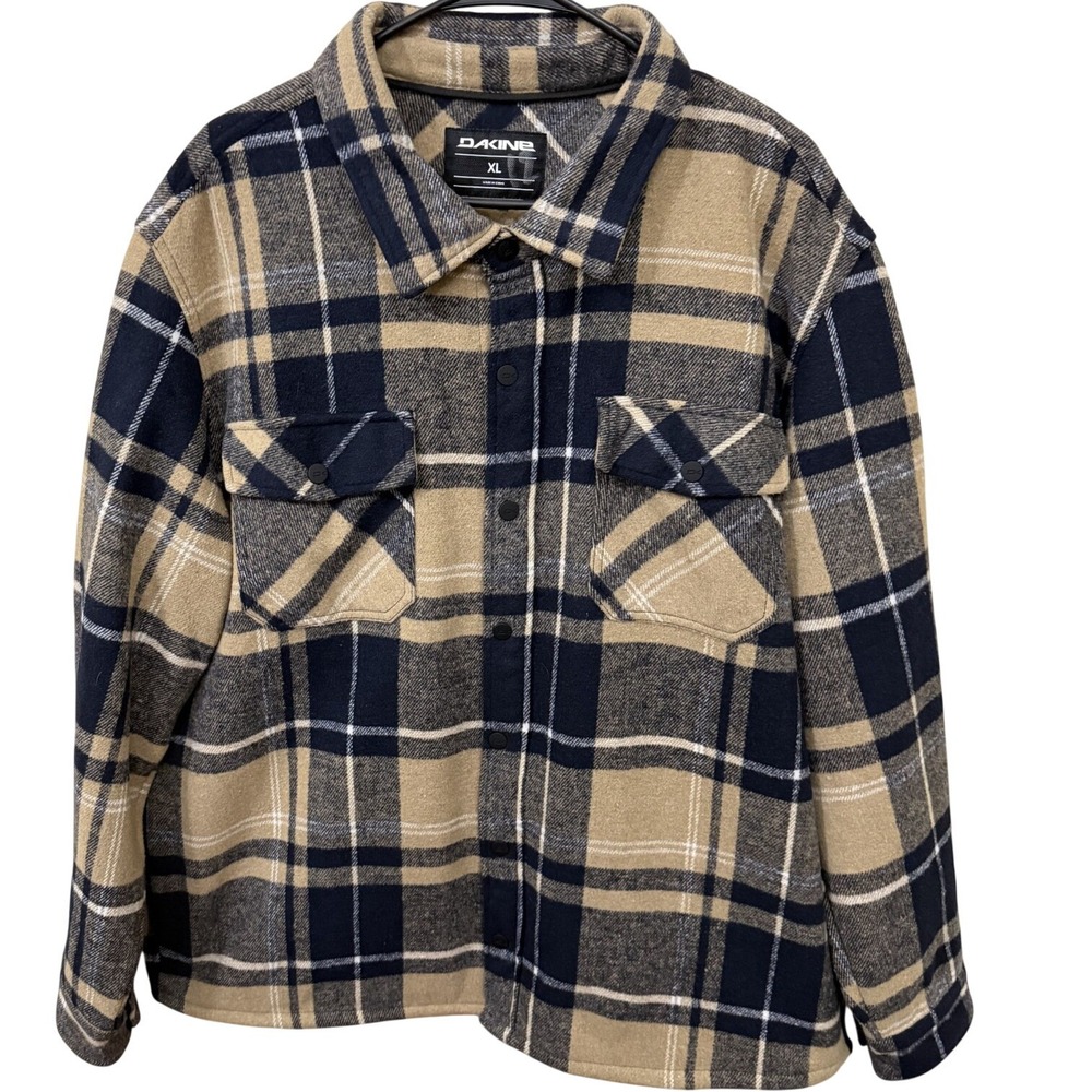 Dakine Mens XL Plaid Flannel Shirt Jacket Tan Navy Blue Snap Front Long Sleeve